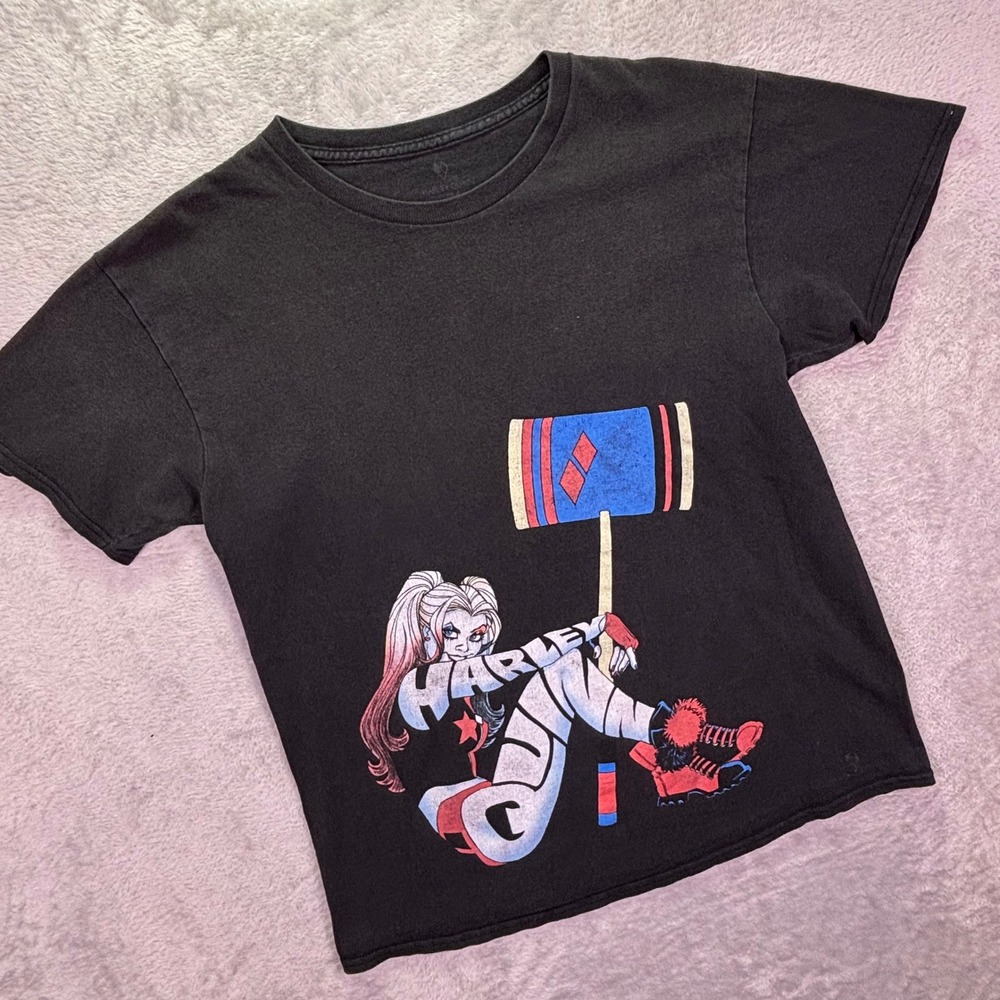 Harley‎ Quinn Women T-Shirt Medium Black Faded Graphic Mallet DC Comics Tee